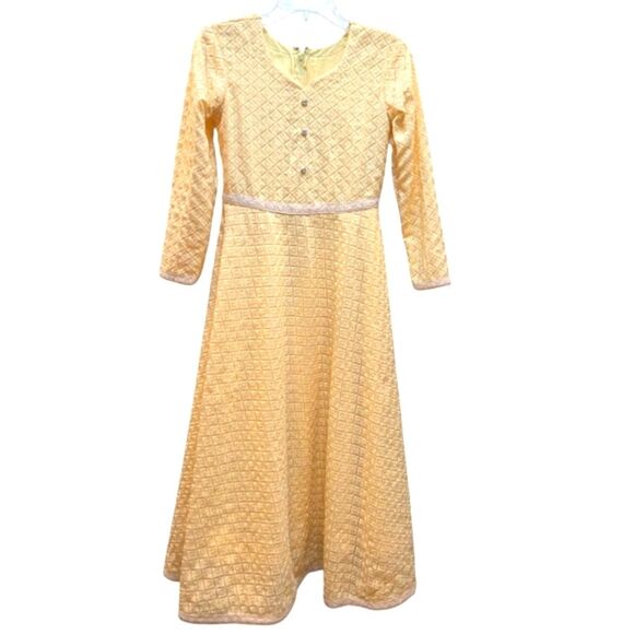 Girls Yellow A-line Dress Swing  Embossed Fabric Lace Trim Rhinesone Buttons - Picture 1 of 11